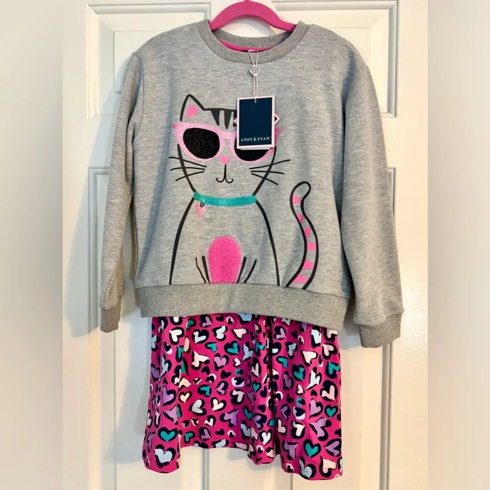 Andy & Evan Heather Gray Cat Top and Pink Leopard Jersey Skirt Set NWT